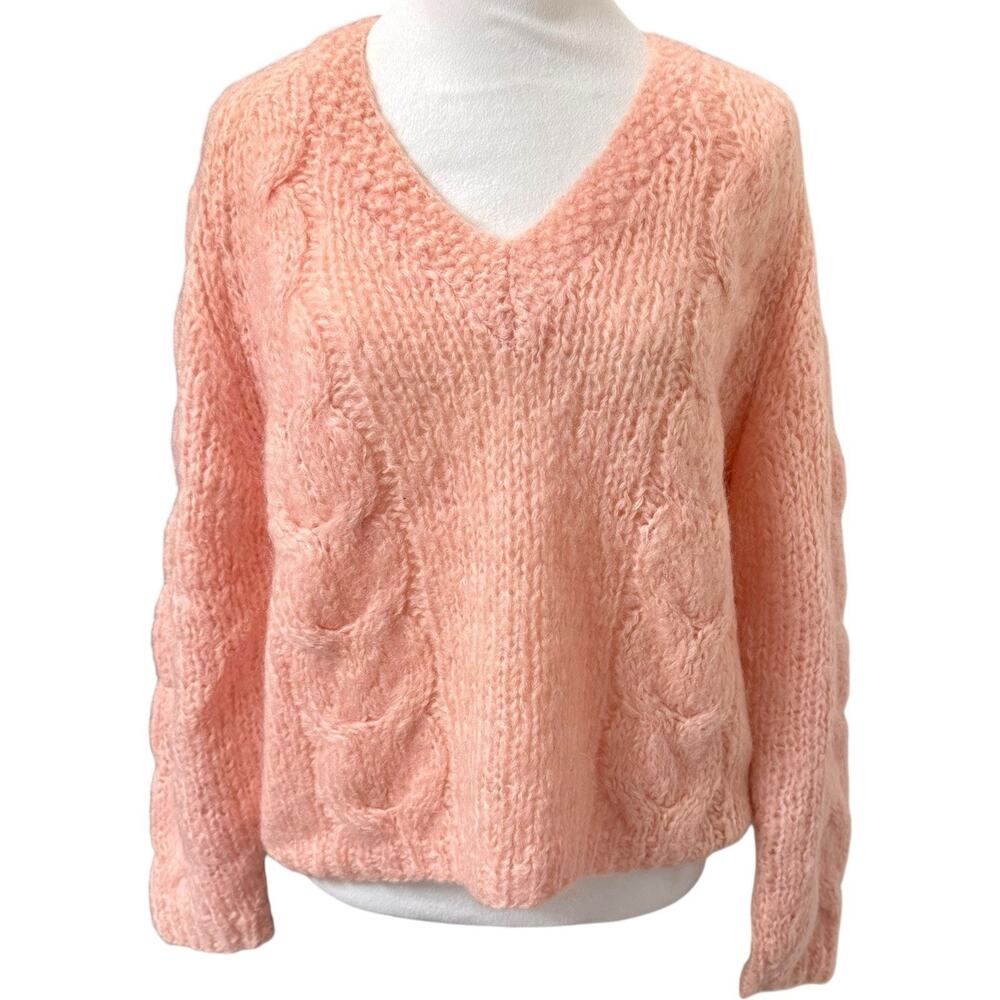 Vintage Famelia Frappe Wool Mohair Hand Knit Crochet Pink Sweater V Neck Chunky